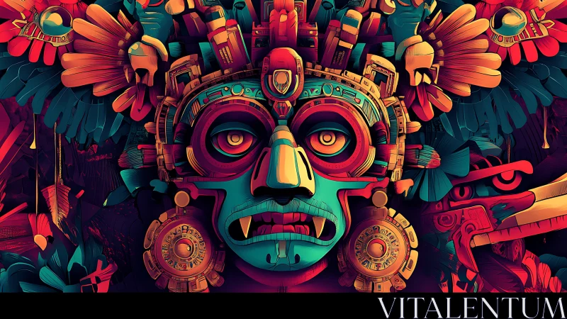 Neon Aztec mask with geometric feathers and glyphs.