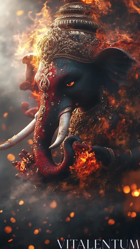 Mythic elephant deity rendered in high contrast volumetric flames
