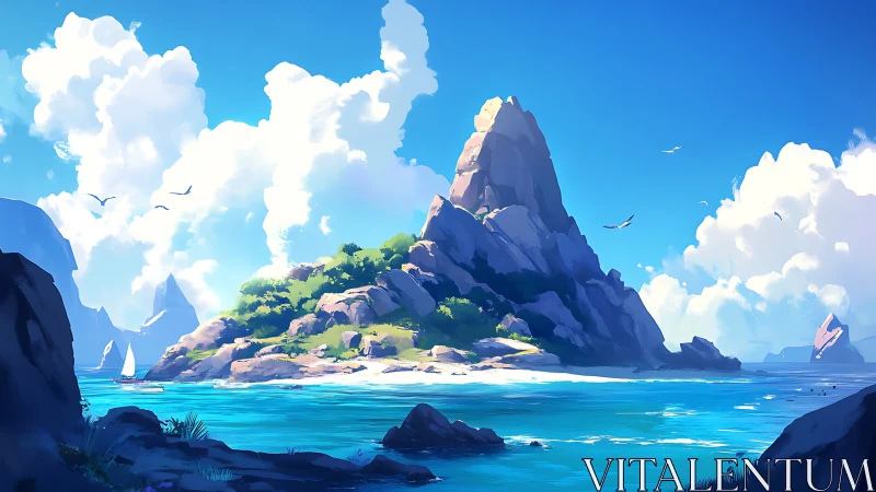 Majestic Island Peak Rising Above Turquoise Waters.