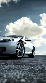 Low-angle performance coupe under cumuliform sky, hyperreal focus.