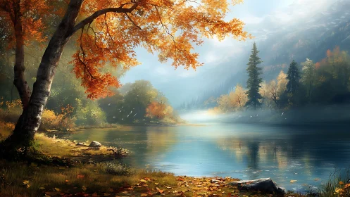 Autumn river valley glows softly beneath morning mist.