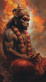 Mythic simian deity in meditative pose amid fiery clouds