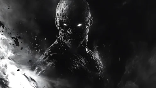 Shadow wraith emerges from fractured void in monochrome storm.