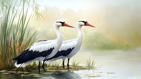Two Elegant White Storks by Marsh in Soft Digital Painting Style.