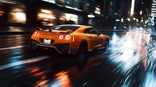 Orange sports car accelerates through neon city rain