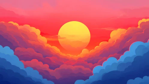 Vibrant stylized sunset above layered colorful clouds.