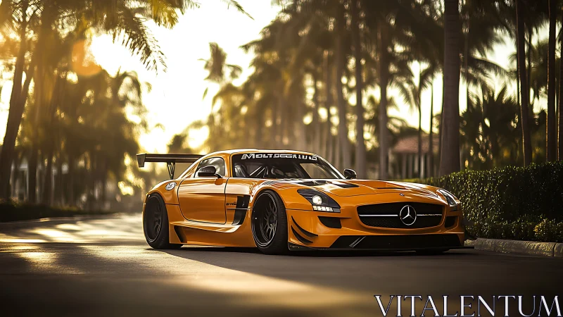 Widebody Mercedes SLS AMG rendered in cinematic sunset lighting