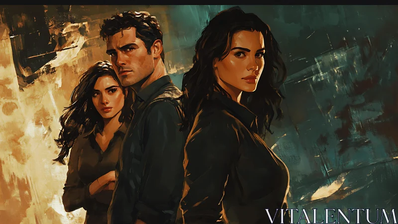 Three serious figures stand against abstract painted backdrop