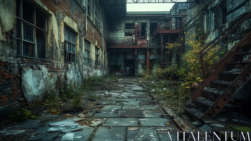 Derelict industrial courtyard with rusted steel stairs and weeds