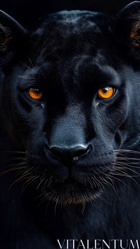 Black Panther Portrait with Luminous Amber Eyes on Dark Background.