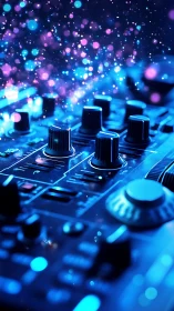 Neon DJ soundboard in cyberpunk bokeh-lit close perspective.