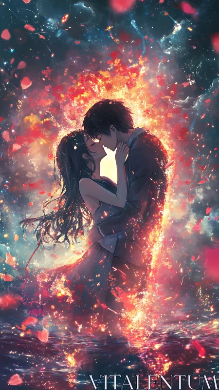 Starlit embers crown two lovers locked in a cosmic kiss