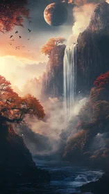 Celestial waterfall beneath burning autumn canopy.