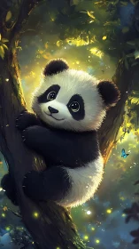 Playful baby panda cuddling a tree in a glowing forest.