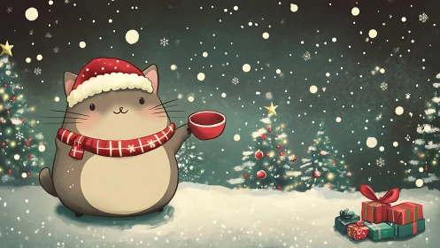 Cartoon cat in winter landscape with Christmas elements.