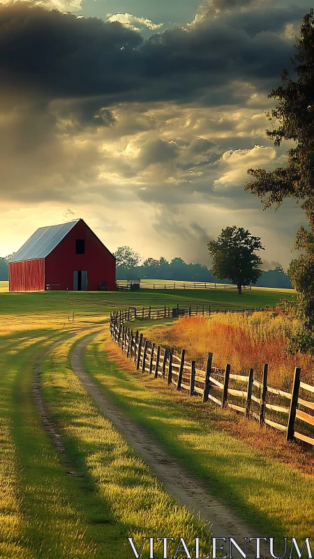 Red barn on rural lane under late afternoon clouds.