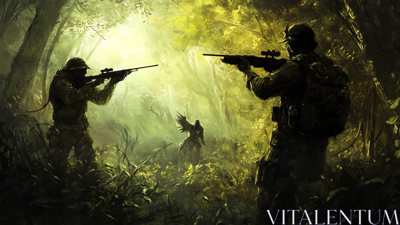 Armed soldiers confront a winged figure in glowing jungle mist