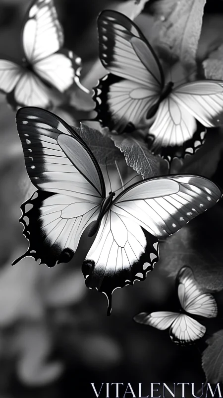 Monochrome butterflies in soft focus garden scene.