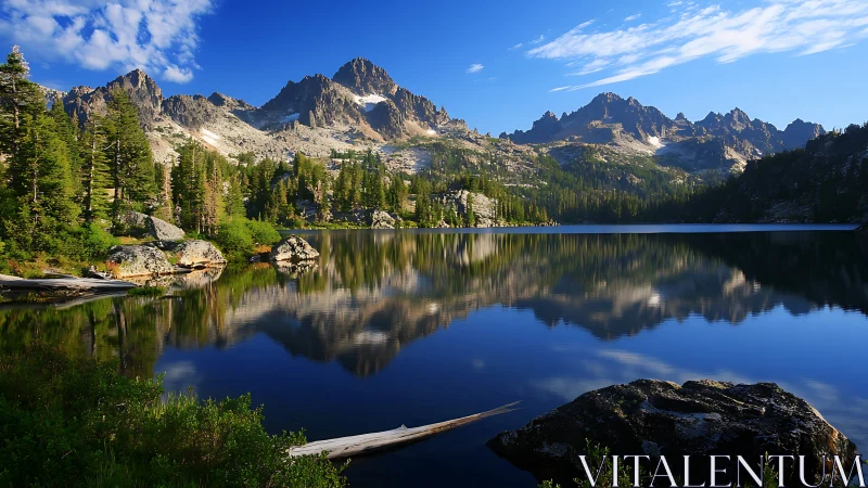 Alpine lake reflection with jagged granite peaks panorama.