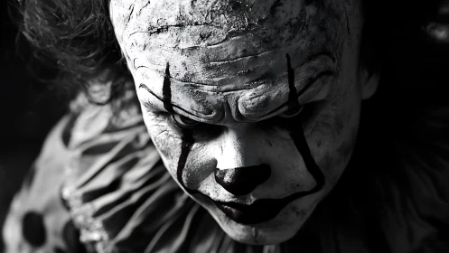 Sinister clown portrait in harsh monochrome studio light.