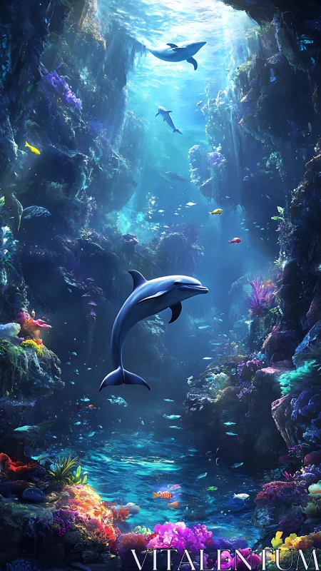 Dolphins glide through luminous coral canyon seascape.