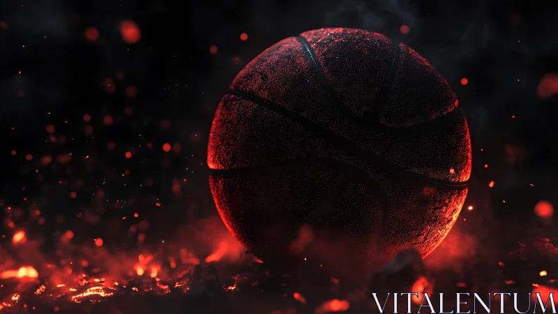 Molten textured basketball glowing within ember-filled darkness.