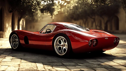 Sunlit red sports car waits quietly on a cobbled street