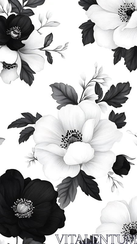 Elegant black and white floral pattern with blooming flowers.