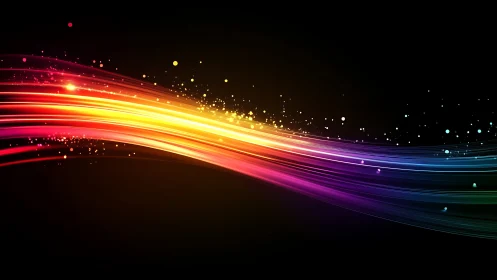 Curved multicolor light streaks traverse a black background