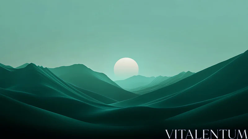 Minimalist digital landscape shows layered teal hills and sun