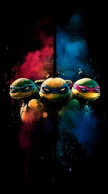 Masked turtle warriors in neon splatter portrait.