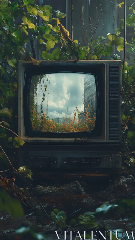 Vintage TV in overgrown ruins with bright landscape view.
