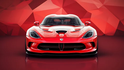 Red sports coupe front view against faceted red backdrop.