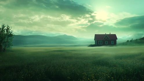 Solitary house stands in misty green field under clouded sky