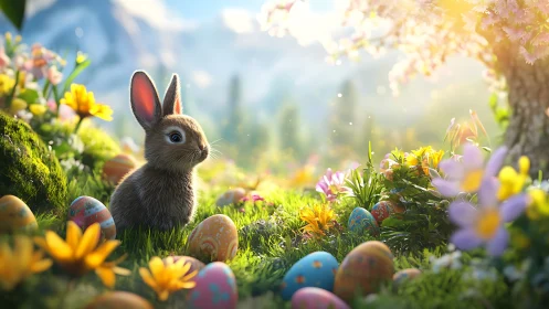 Young rabbit amid painted Easter eggs in sunlit meadow.