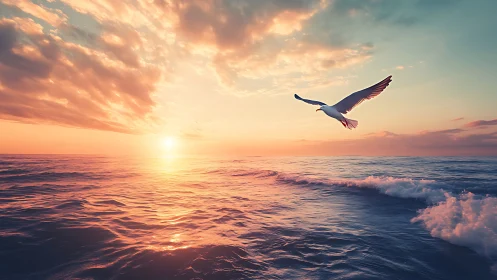 Seagull flies above gently rippling ocean at vivid sunset