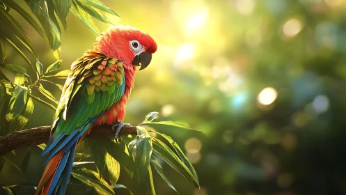 Vibrant Scarlet Macaw on Tree Branch in Sunlit Jungle Scene.