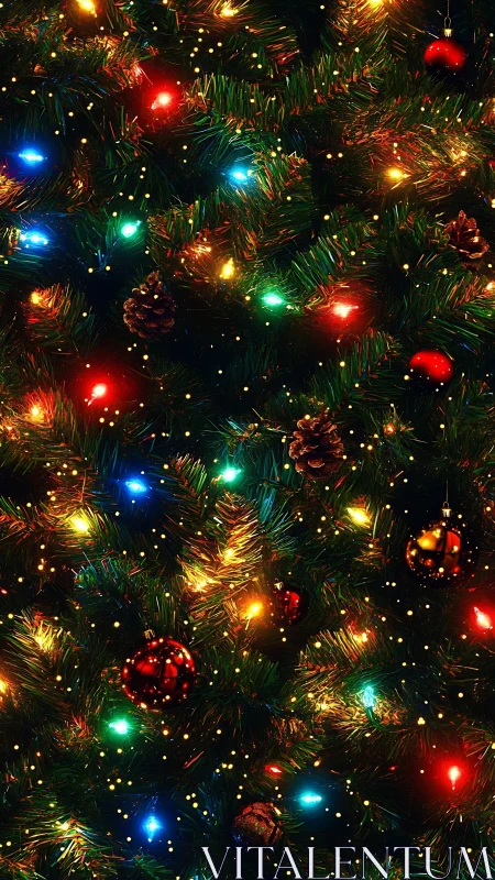 Christmas tree lights glow over dense evergreen branches.