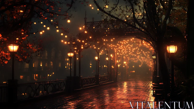 Rainy lantern walkway glows under warm festoon lights.