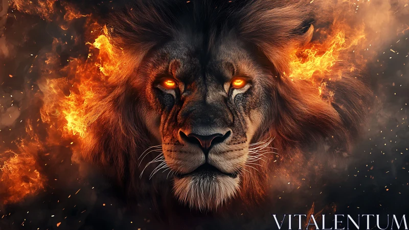 Lion head with fiery mane and glowing eyes centered tightly