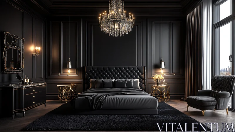 Black luxury bedroom showcases tufted bed and chandelier