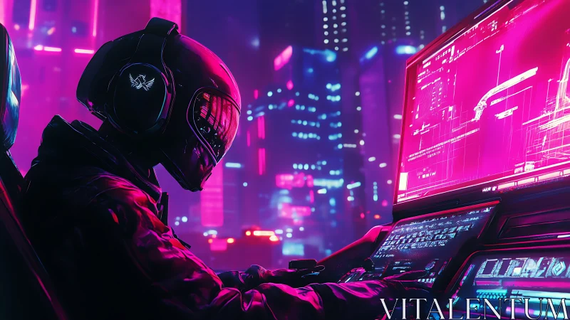 Neon-clad cyber pilot steers data streams through city light