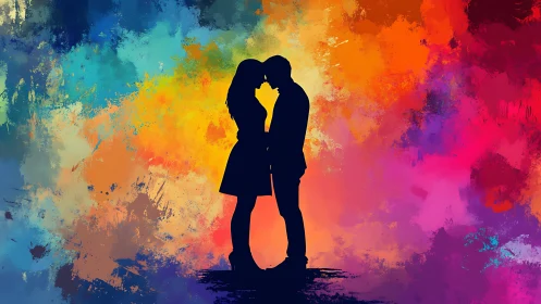 Silhouetted Kiss Against Explosive Watercolor Palette.