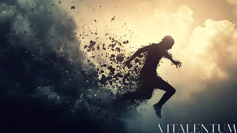 Kinetic silhouette disintegrating through turbulent cloud strata.