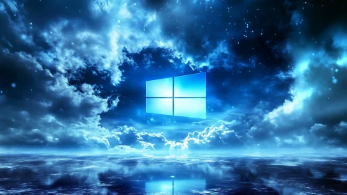 Backlit Windows logo floats in luminous storm-cloud nebula sky