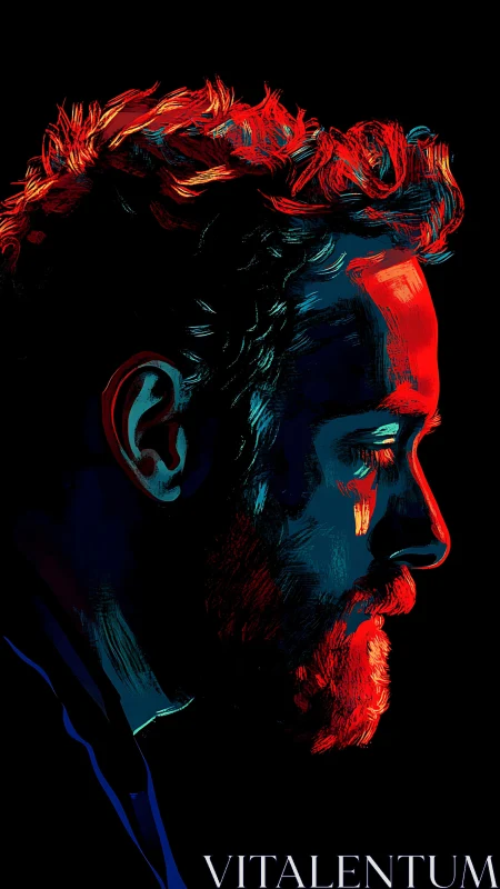 Profile portrait in red and blue digital brush lighting.