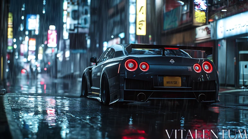 Midnight sports car waits in neon soaked city rain