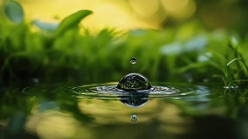 Suspended water droplet over vivid green garden pool.