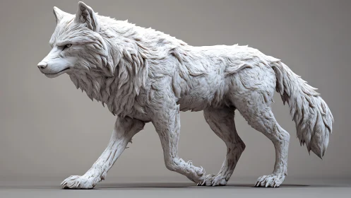 3D sculptural white wolf study with dynamic fur detailing.