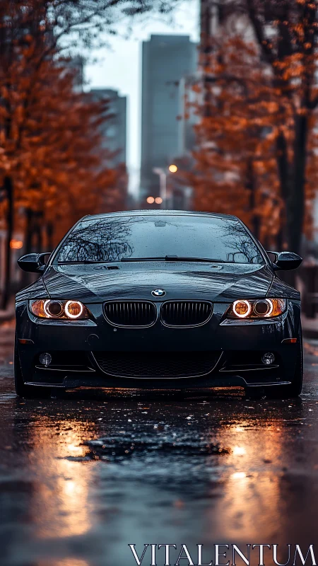 Sleek BMW coupe glows on rain-soaked autumn city street.